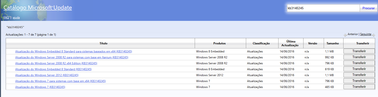Catalogo de Atualizações Windows