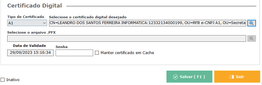 Certificado digital selecionado no sistema