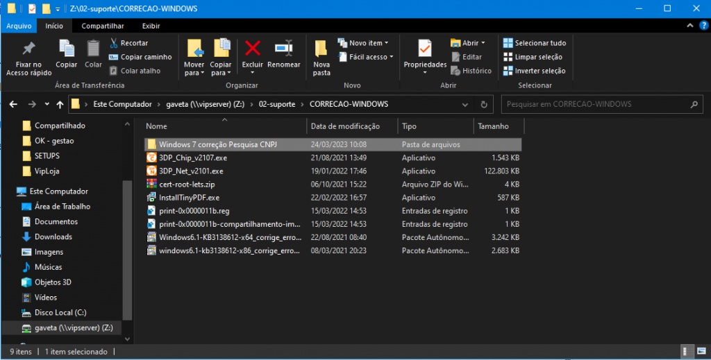 Gaveta de arquivos do suporte para correção do Windows 7