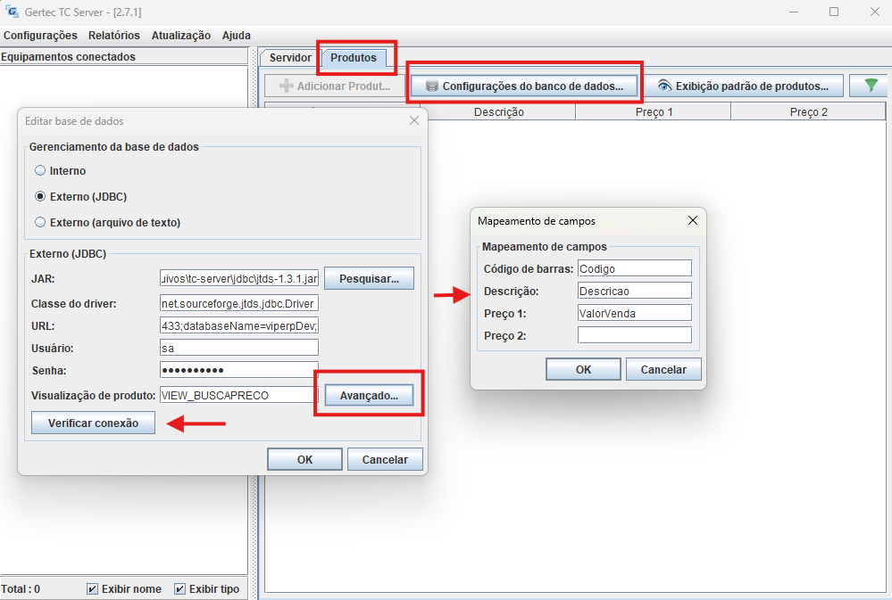 Tela de configuração do banco para o TC SERVER